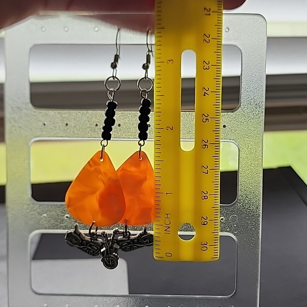Handmade Orange Dangle Earrings with Black Accents - Picture 5 of 6